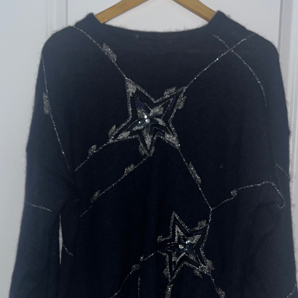 Vintage Angora Navy Blue Sweater with Star Design